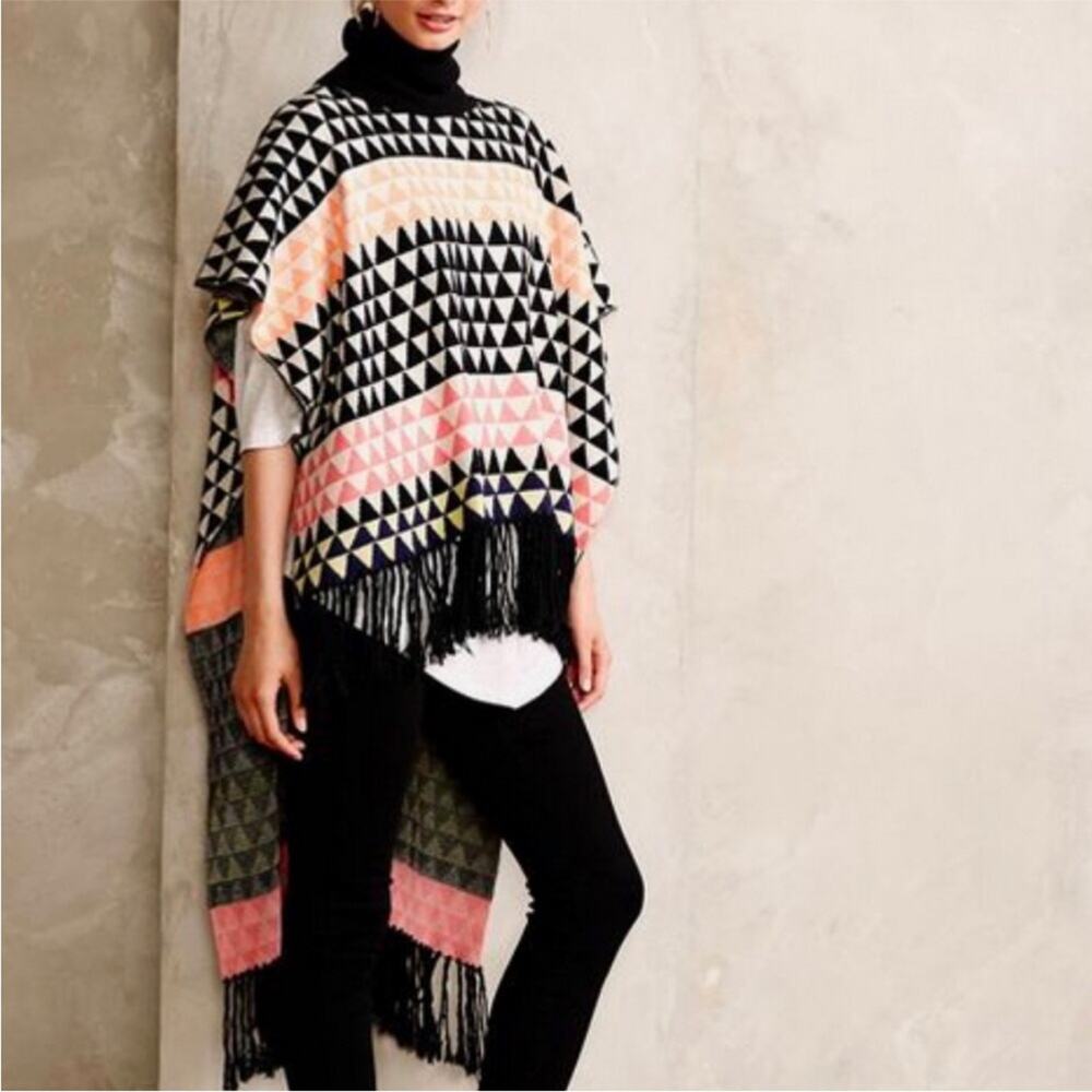 Mara Hoffman black pink orange triangle fringe trim poncho sweater One Size OS